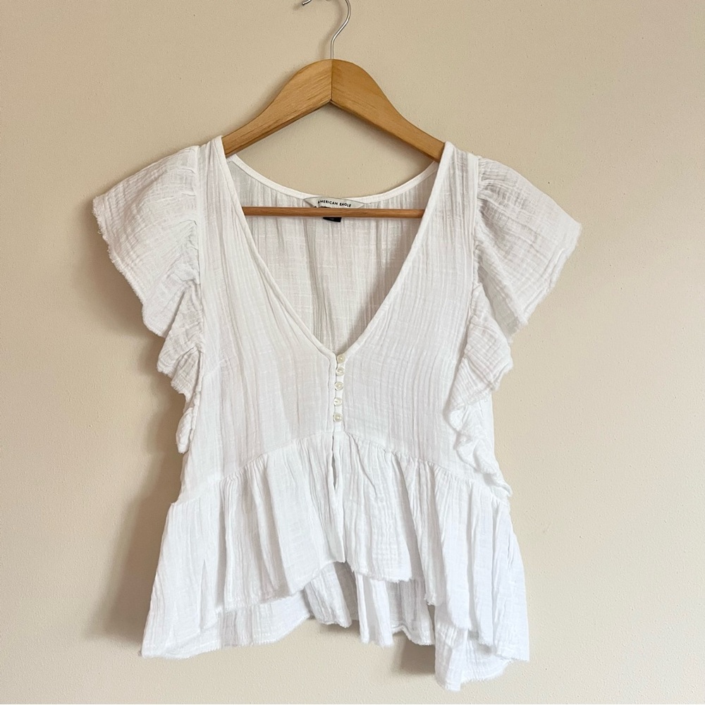 American Eagle White Flutter Sleeve Button Down G… - image 1